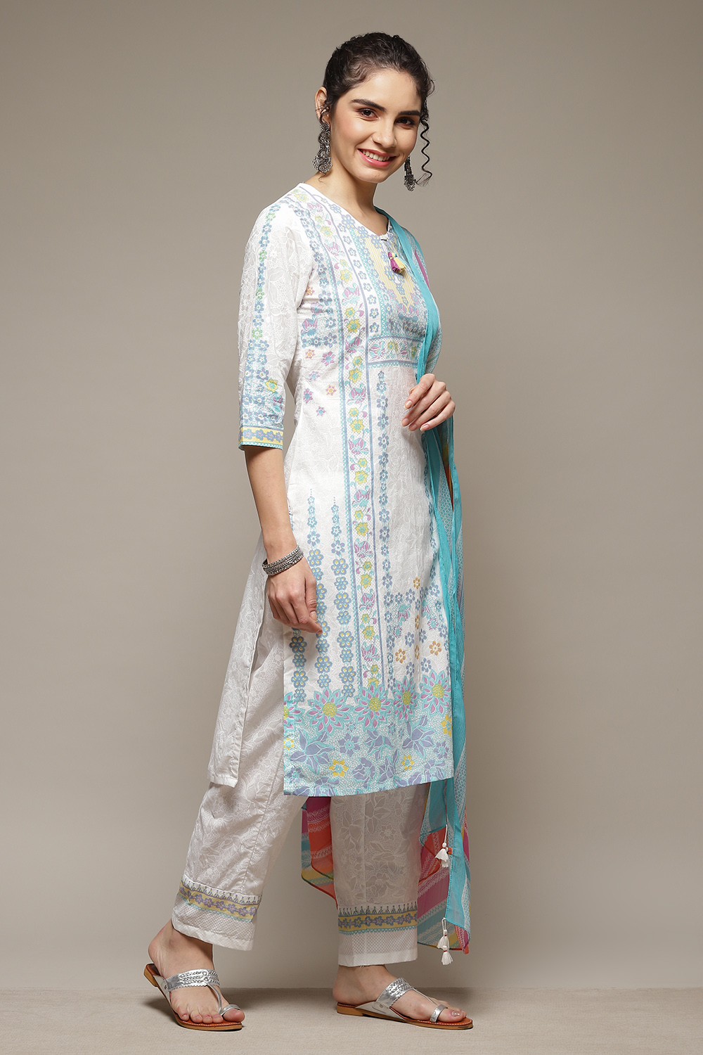 White Woven Straight Kurta Suit Set image number 6